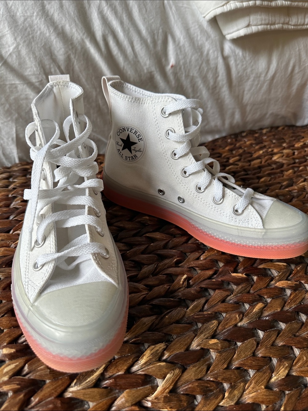 Converse All Star Chuck Taylor White High Top Sneakers with Orange Sole